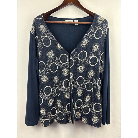 Women's Chico’s 2XL Navy Blue with White & Black Embroidery Long Sleeve Sweater - Picture 1 of 4